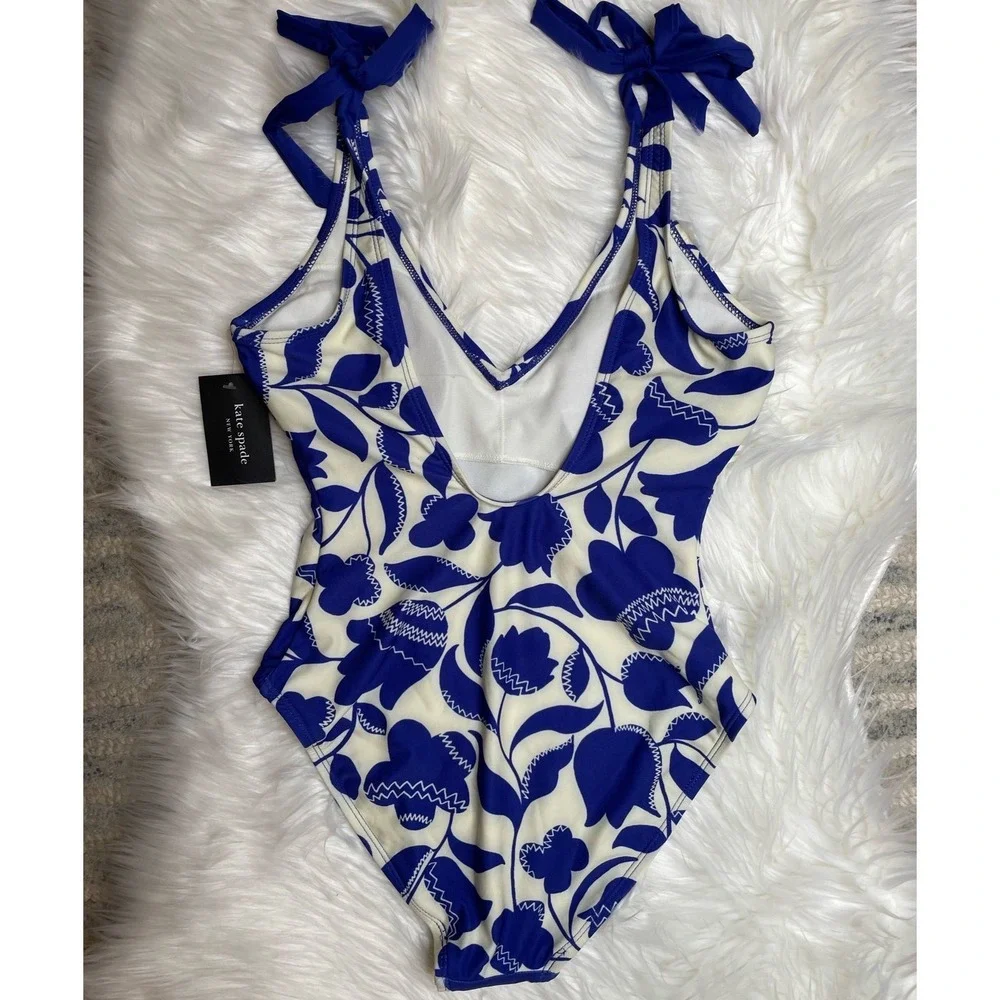 Kate Spade Zigzag Floral Bow Strap One Piece Swimsuit Women Blue Small $148